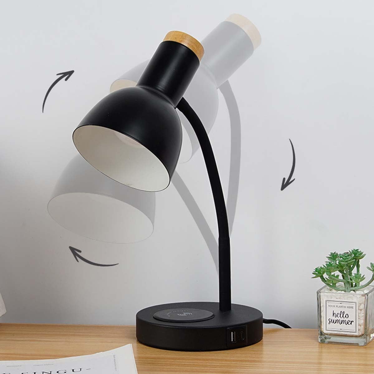 AoLa Lampa biurkowa z przełącznikiem dotykowym, Regulowana lampa biurkowa na gęsiej szyi ze złączem ładowania bezprzewodowego i USB Lampa stołowa z wtyczką i kablem E27 Lampka nocna