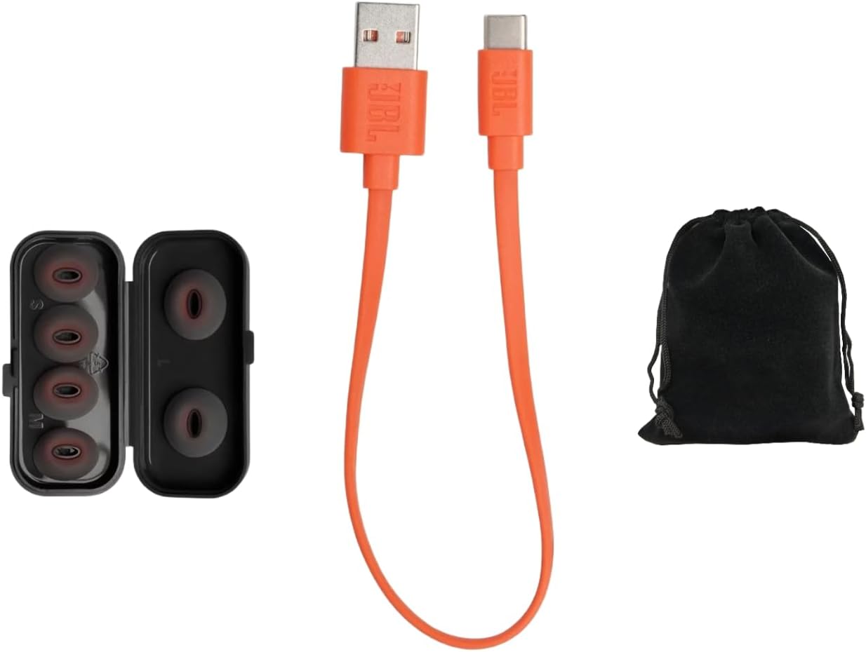 Contents of the JBL Vibe Flex package including charging cable, eartips, and pouch