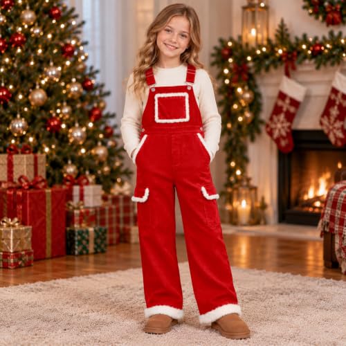 Girls Christmas Corduroy Overalls Fuzzy Trim Wide Leg Xmas Holiday Jumpsuit - image 5