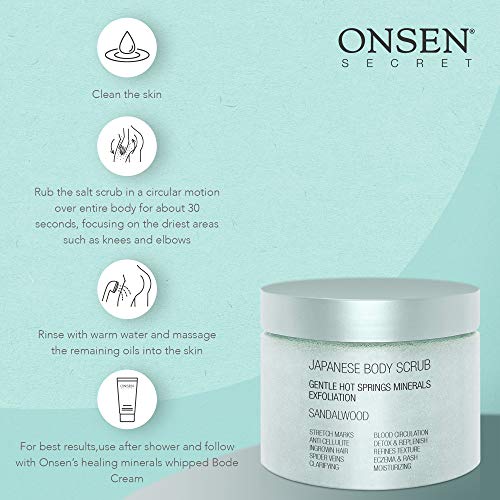 Onsen Secret Exfoliating Body Scrub, Dead Sea Salt With Natural Japanese Hot Spring Minerals, Coconut Oil, Jojoba Oil, Japanese Body Scrub For Women, (Sandalwood) #TOP4