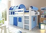 kinderfreundliche Lacke Hochbett Spielbett Malte Kiefer massiv Weiss, Vorhangstoff:Hellblau Dunkelblau