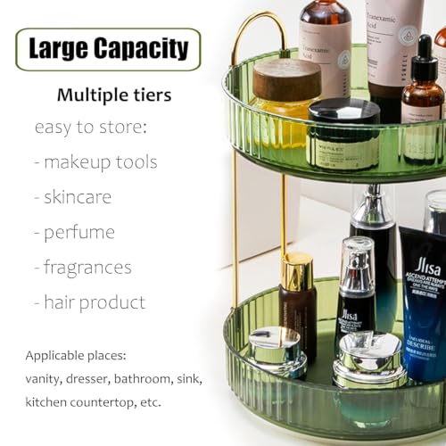 Image of Nieifi KIMEE 360 Rotating 2-Tier Makeup Organizer | Elegant Clear Green Lazy Susan Vanity Storage for Skincare Perfumes and Cosmetics | Multi-Purpose Tabletop Countertop Rotating Organiser Tray