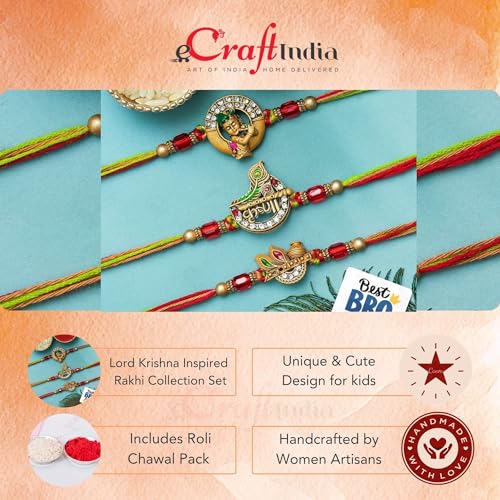 Image of eCraftIndia Little Krishna Dahi Handi Flute Peacock Feather Designer Rakhi Set of 3 | Rakhi for Brother Bhaiya Bhai with Best Bro Ever Fridge Magnet | Roli Chawal Pack