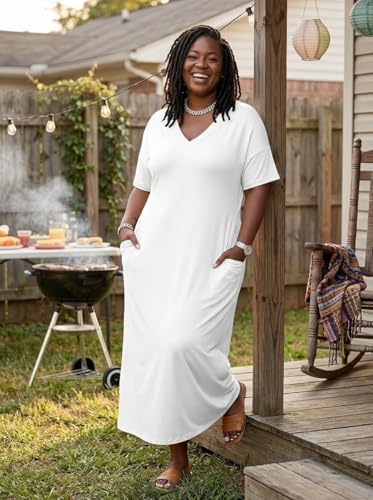 Image of Plus Size Maxi Dress for Women Short Sleeve V Neck Casual Loose Sundress with Pockets