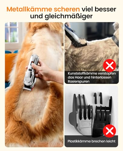oneisall Leise Hundeschermaschine mit Metall-Führungskamm, Schermaschine Hund profi kabellos, Hochleistungs Tierhaarschneidemaschine für Dickes/Lockiges/Feines/Langes/Gewelltes Haar (Silber)