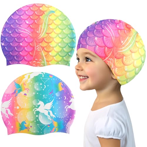 Dyrfolm 2 Pack Kids Swim Caps,Silicone Swim Caps for Kids Girls,Waterproof Swimming Caps,Mermaid Unicorn Swimming Hats,Non Slip Bathing Cap for Long and Short Hair,Keep Hair Dry