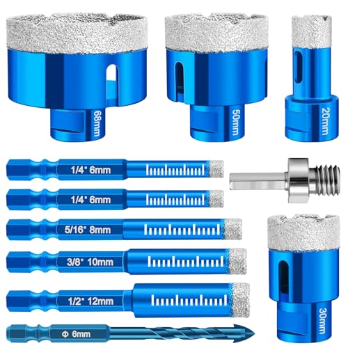 Diamant Fliesenbohrer 6mm 4 Stück M14 20/30/50/68mm Fliesenbohrer + 6 Stück M6 6/6/8/10/12mm Sechskantschaft Diamantbohrer + 1 M8 Adapter Diamantbohrer Fliesen Set für Granit Glas Fliesen Marmor
