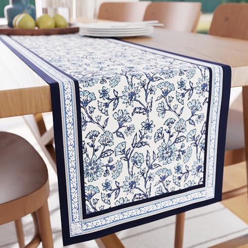 Image of Encasa XO Dining Table Runner For 4 To 6 Seater | Indigo-02 Block Printed Cotton Canvas | 32X150 Cm | Jaipur Sanganeri Hand Print, Large