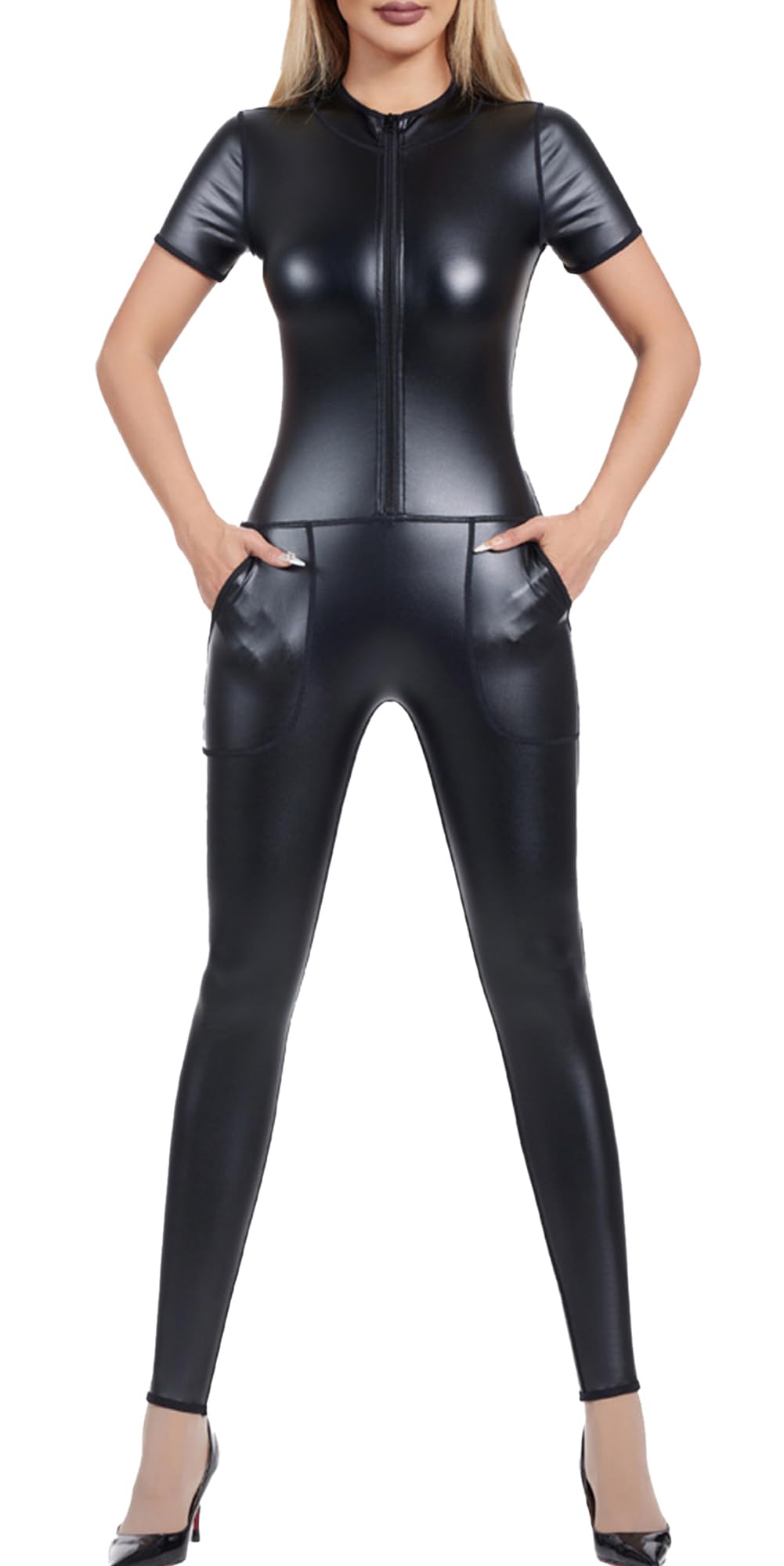 FEOYA Combinaison pour femme - Combinaison intégrale - Col en U - Vêtement de sport sexy - Aspect mouillé - En cuir - Avec fermeture éclair et poche