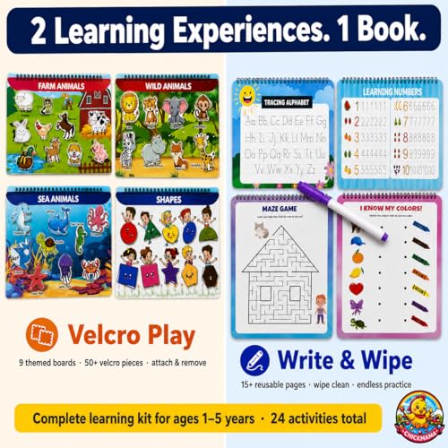 Image of CHICKMAMA Busy Binder Book for Toddlers 1-5 Years | 9 Velcro Activity Boards + 15 Write & Wipe Reusable Pages | 50+ Velcro Pieces | 2 Erasable Pens | Montessori Quiet Book | Educational Activity Toy