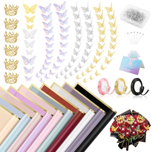 Kedemas Juego de papel de flores de 401 piezas, 100 hojas de papel de regalo, 3 rollos de cinta, 20 tarjetas de felicitación, 200 agujas de flores, 72 mariposas 3D y 6 coronas. Perfecto para floristas
