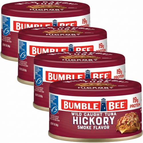 Bumble Bee Snackers - Hickory Smoke Tuna, 3 oz Easy Open Can - 19g Protein per Serving - Wild Caught Skipjack Chunk Light Tuna Pack - No Draining, Ready to Eat (Pack of 4)