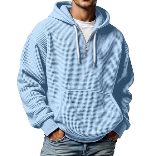 GOSEAGOTOFUN Hooded Sweatshirt Men Waffle Knit Lounge 1/4 Zip Pullover Relaxed Fit Workout Hooded Sweatshirt with Pockets