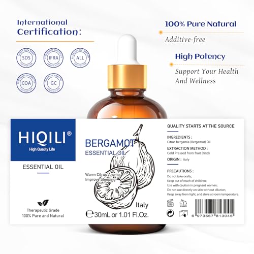 Image of HIQILI Bergamot Essential Oil for Diffuser, Skin, Hair, DIY, 100% Pure & Natural - 1.01 Fl Oz (30 mL)
