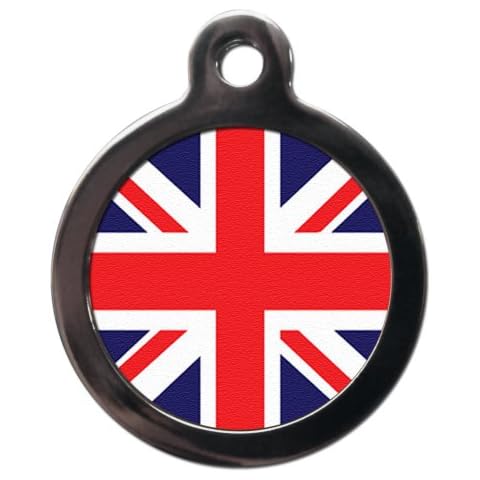 PS Pet Tags - World Flag Pet ID Tags - Union Jack Design - Zinc Alloy Metal - Large (32mm) Small (24mm) Personalised On Reverse - Dog Cat Cute Name Address Tag Cover