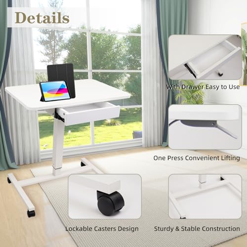 Image of CLATINA Mobile Laptop Standing Desk Adjustable Height, Computer Desk Teacher Podium with Lockable Wheels, Work Table with Drawer, Portable Rolling Side Table Bed Desks for Home Office Classroom, White