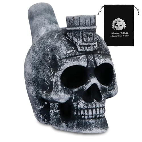 Aztec Death Whistle Ceramic Skull 125dB Loudest Screaming Whistles Authentic Human Sounding War Whistle with Drawstring Bag for Pranks Self Defense Day of The Dead Collectible 3.82x3.58in (B)
