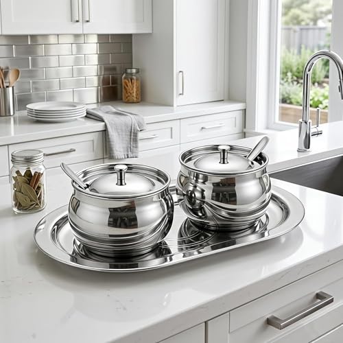 Image of AQUANERO+ Stainless Steel Ghee Pot Set of 2 with Tray and Spoon, for Storing and Serving Ghee, Oil, Chutney, Pickles, and Spices Food Grade Quality