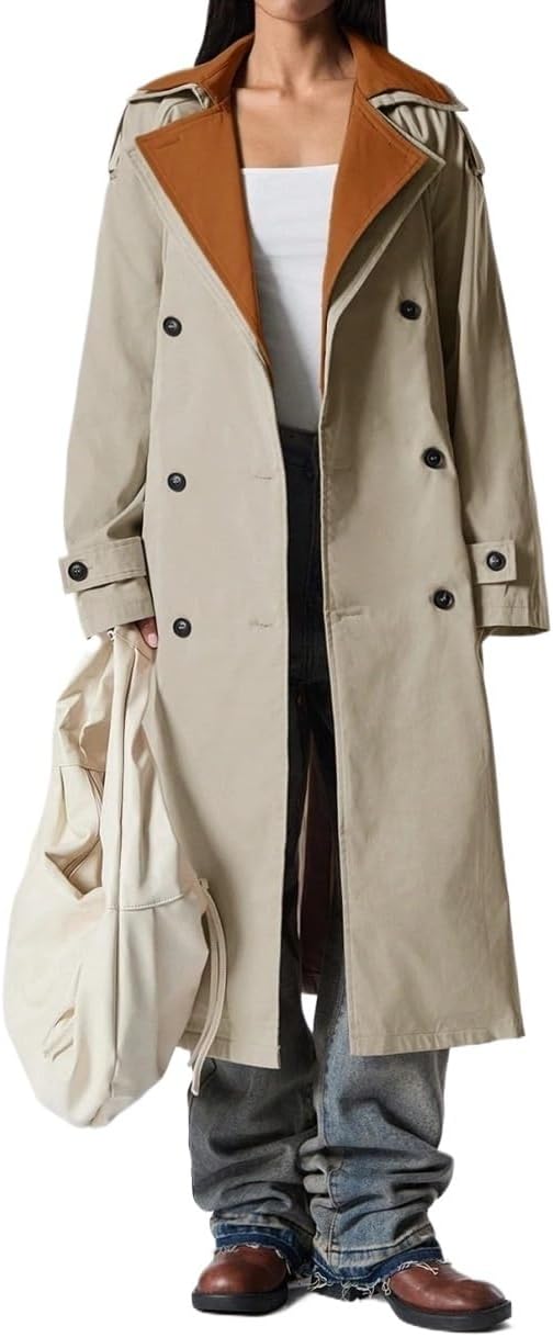 Womens Fashion Trench Outwear Long Sleeve Double-Breasted Casual Loose Trench Coat Jacket Coat