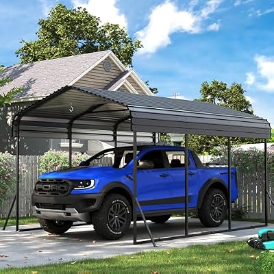 Sgentle 10' x 15' Heavy Duty Metal Carport Kit, Outdoor Carport Canopy with Galvanized Steel Roof & Reinforced Frame, All-Weather Garage Shelter Shed for Sedan, SUV, Truck and Boat