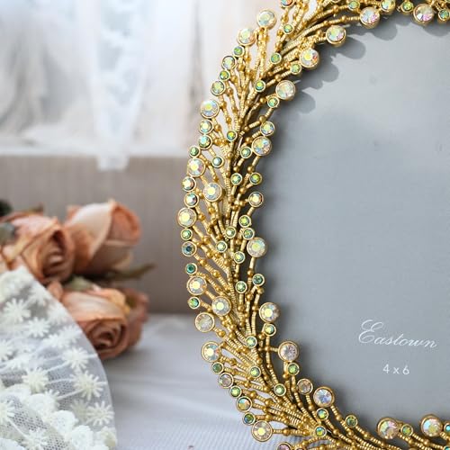 ZIYOO Luxury 3.5x5 Oval Crystal Embellished Gold Picture Frame –Vintage Decorative Frame for Tabletop Display&Home Decor&Gift