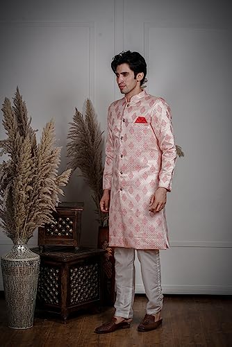 Image of Amzira Men's Soft Cotton Indo Western Kurta Pyjama Set with Mandarin Collared Neck Long Sleeves Button Closure and Solid Pant