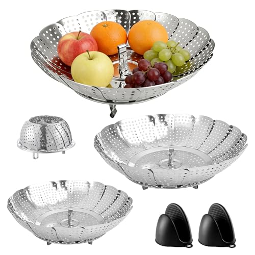 Dampfgarer Einsatz 3er Set Edelstahl Klappbar Dünsteinsatz für Töpfe Reiskocher Schnellkochtöpfe Verstellbarer Dampfkorb Gemüsedämpfer + Hitzebeständige Silikonhandschuhe 3 Größen