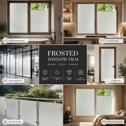 Image of Self Adhesive Window Privacy Film for Glass Windows & Doors | UV Blocking, Heat & Glare Reduction | Decorative Frosted Glass Film Easy to Apply (Frosted White Finish, 12X62 Inch)