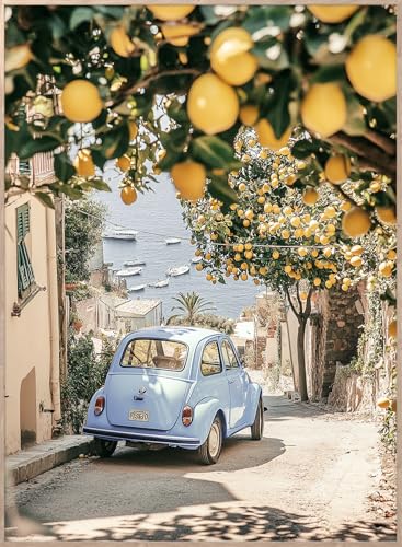 STYLER Tableau avec cadre Via Dei Limoni 50 x 70 cm – Décoration murale ruelle italienne avec citronniers et voiture vintage rétro méditerranéen avec vue...