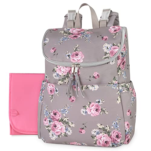 Image of Multi-Function Floral Diaper Backpack and Travel Nappy Baby Bag with Changing Pad and Stroller Straps (Grey Floral)