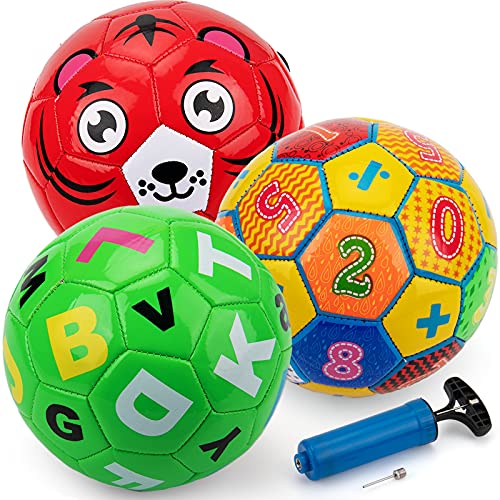 teytoy 3 Pack Size 2 Kids Soccer Ball with Pump, Outside Sport Soccer Ball Toys for Kids Toddlers 1 2 3 4 with Animal Number Alphabet Patterns, Cute Machine Stitched Ball Toys for Children Boy Girl