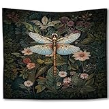 Foritho Dark Green Dragonfly Floral Botanical Tapestry, Vintage William Morris Dragonfly Tapestry Wall Hanging, Cottagecore Flower Wall Tapestries for Bedroom Home Decor, 50x60 Inch