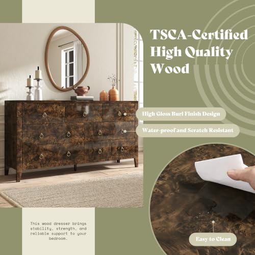 Image of AMERLIFE 61 inch Wide 7 Drawer Dresser with High Gloss Burl Wood, Brown