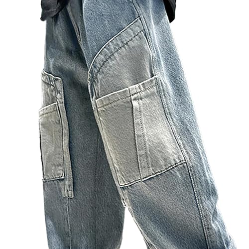 Tween Boys Straight Leg Jeans Elastic Waistband Baggy Denim Pants with Splicing Decoration for Kid Pants4