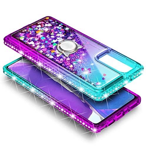 Nznd Compatible With Samsung Galaxy A03S Case With Tempered Glass Screen Protector, Ring Holder/Wrist Strap, Glitter Liquid Floating Waterfall Durable Girls Women Kids Cute Case (Aqua/Purple) #TOP3