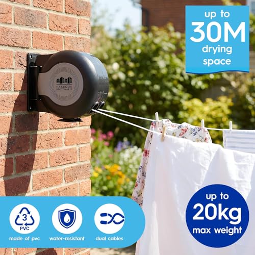 Étendoir à linge rétractable double 2x15m noir robuste extérieur