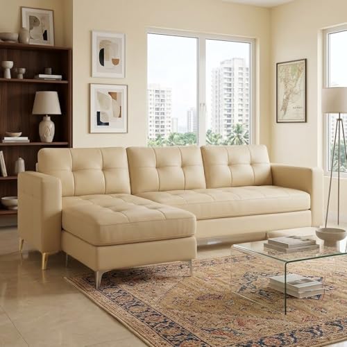 Image of CASASTYLE Creamoy 4 Seater L Shape Sofa Set with Movable Ottoman | Flexible Left or Right Layout | Premium Leatherette | Soft Touch Seating | Ideal Sofa for Living Room (Cream)