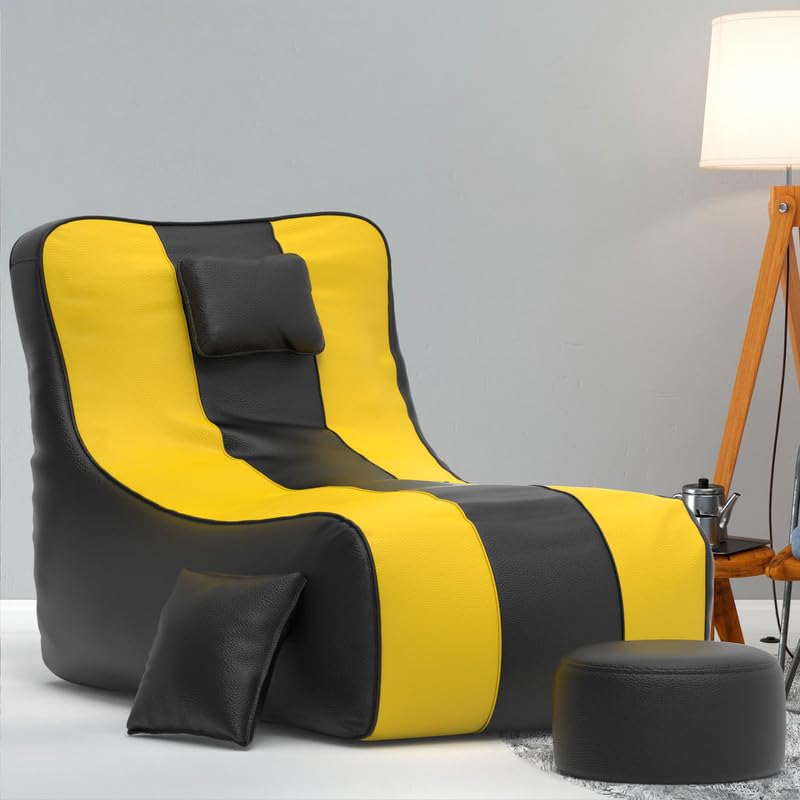 Image of Biggie Bean Bag with Beans Filled 6XL Zuno Lounger-Laziness Pro Max-Crafted for Comfort-Styled for Elegance with Free Cushion & Footrest (Matching Color : Leatherette Black Yellow)