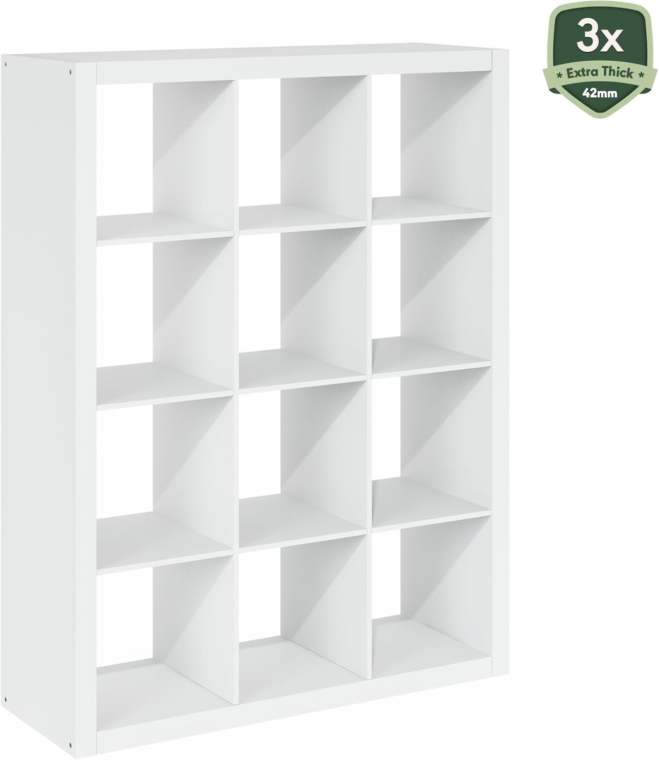 Furinno Cubicle Book Shelf, 12-Cube Bookshelf, Triple Thick Frame Cube Storage Organizer, 1.65" Thick Bookcase, 15.4" x 57.4" x 43.4", for Home Office, Living Room, Plain White