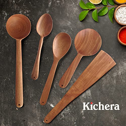 Image of Kichera Neem Wood Compact Ladle, Spatula, Flip Dosa /Roti /Chapati | Kitchen Tools | No Harmful Polish | Naturally Non-Stick | Handmade (Set of 5-3)