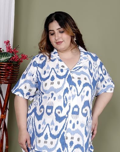 Image of Printed Shirt Style Cotton Night Suit for Women with Extra Plus Size