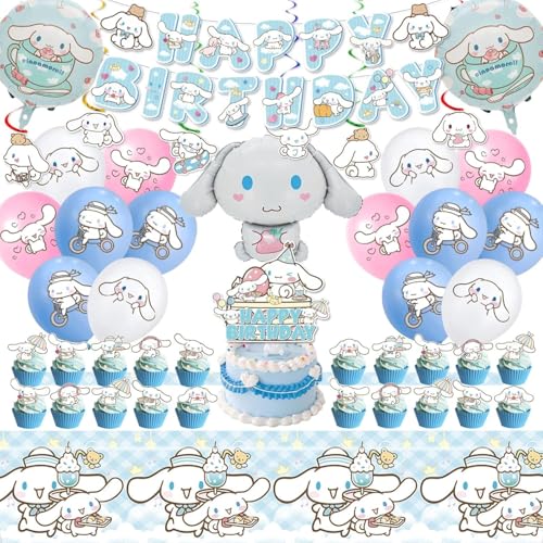 Cinnamoroll Birthday Decorations Party Supplies Set Include Banner Balloons Hanging Swirls Cake Cupcake Toppers Tablecloth for Kids Cinnamoroll Theme Party