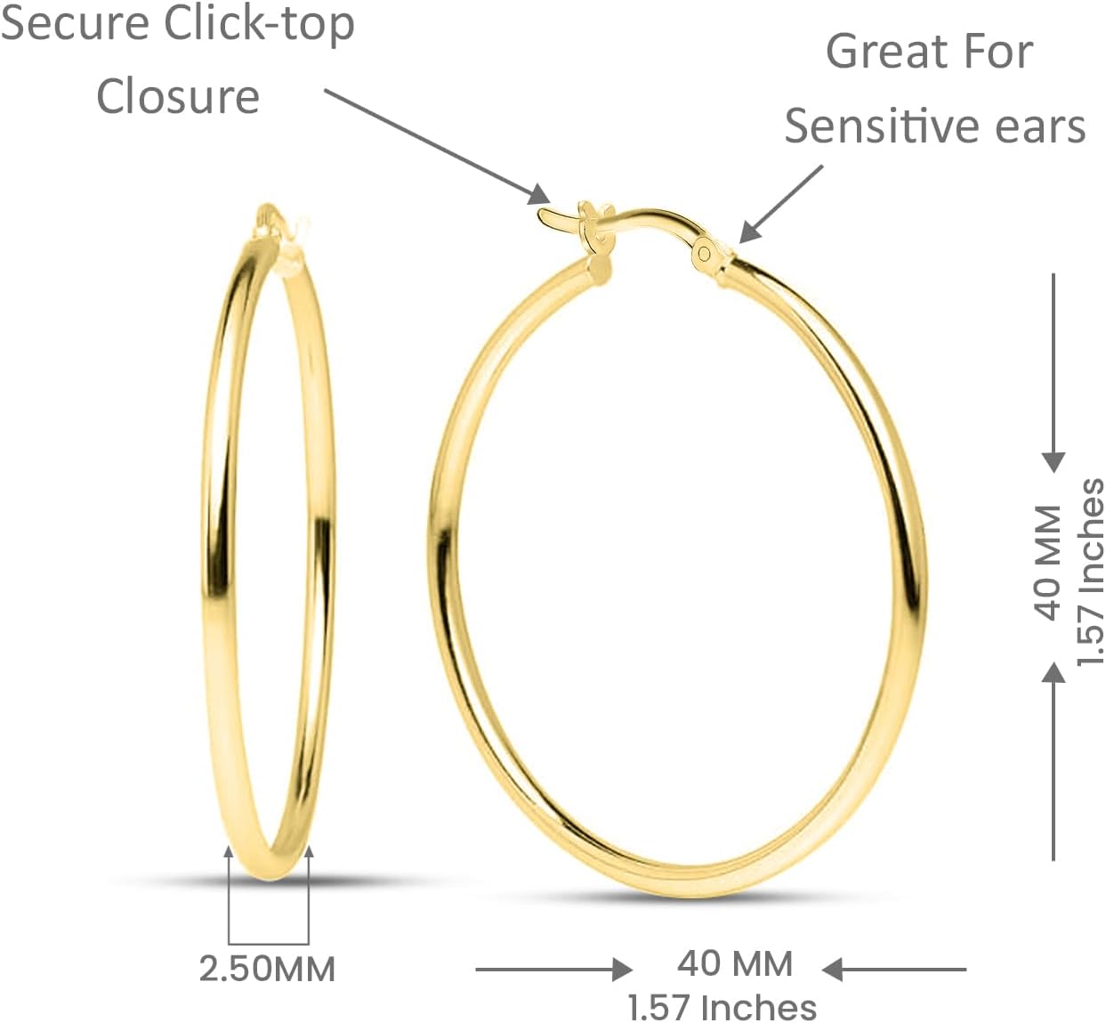 Charmsy 925 Sterling Silver Hoop Earrings for Women | 14K Gold-Plated 2.5mm Tube Classic Hoop Earrings | Women's Click-Top Earring Hoops | Size 15/20/25/40MM - Image 3