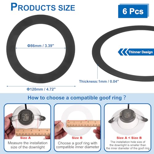 Image of PATIKIL Goof Rings Inner Diameter 3.39 inch, Outer Diameter 4.72 inch, 6 Pcs Metal Goof Rings Cover Recessed Light Trim for Ceiling Wall Fixtures Can Lighting Down Light LED, Matte Finish Black