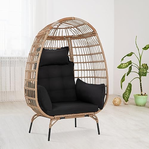 Image of PayLessHere Egg Chair Egg Basket Rattan Chair Steel Frame Oversized Indoor Outdoor Lounger Simple Installation with 4 Comfort Cushion and Stand,352lb Capacity for Patio Garden Living Room,Black