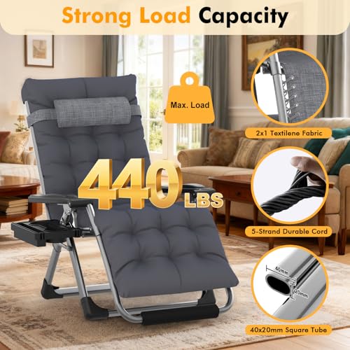 Image of Slendor Oversized Zero Gravity Chairs XL, 29in Recliner Chair, Dark Grey | Reclining Lounge Chair, Folding Anti Gravity Chairs w /Aluminum Alloy Lock, Removable Cushion&Headrest, 440lbs, for Lawn Patio