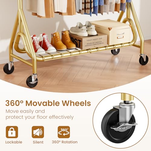 Image of Double Rods Clothing Rack, Heavy Duty Clothes Rack for Hanging Clothes Load 560LBS, Metal Rolling Garment Racks with Wheels, Freestanding Clothes Hanging Racks, Gold