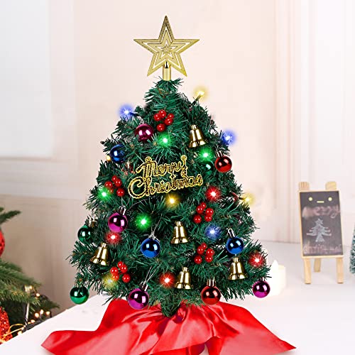 Hausse Christmas Tree Tabletop, 20 Inch Mini Artificial Christmas Pine Tree, Pre-lit Small Xmas Tree with Ornaments, Mini Desktop Tree DIY Set, Multicolor LED Lights with Timer for Table Holiday Decor
