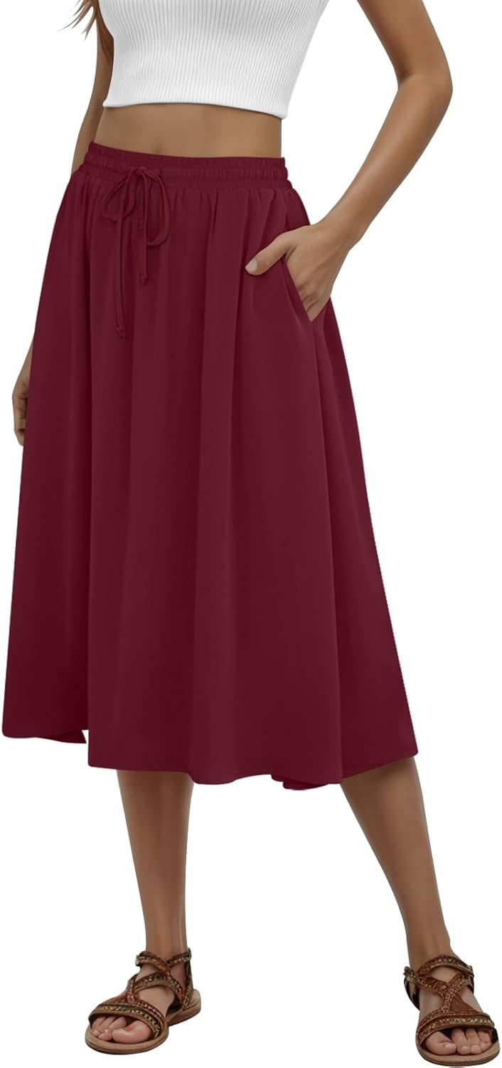 MLXSJ Women's Midi Skirt Summer Pleated Flowy Elastic High Waisted