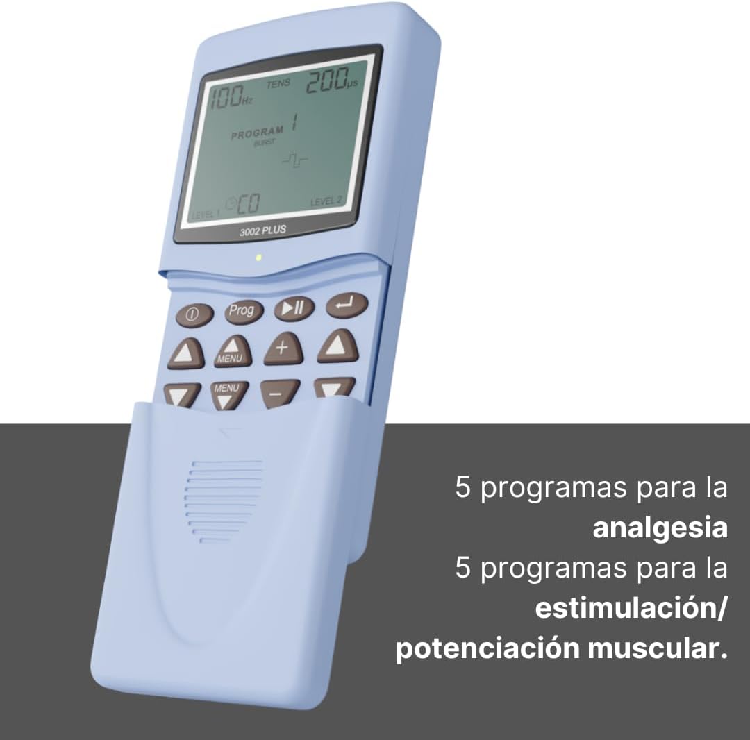 TENS 3002 PLUS device displaying program information with text overlay indicating 5 TENS and 5 EMS programs